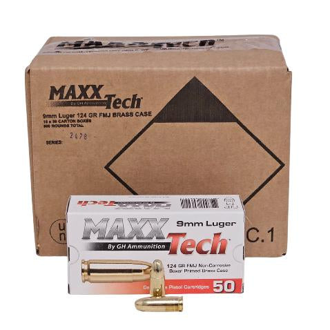 MAXXTech Handgun Ammunition 9mm Luger 124gr FMJ 1126 fps 1000/ct