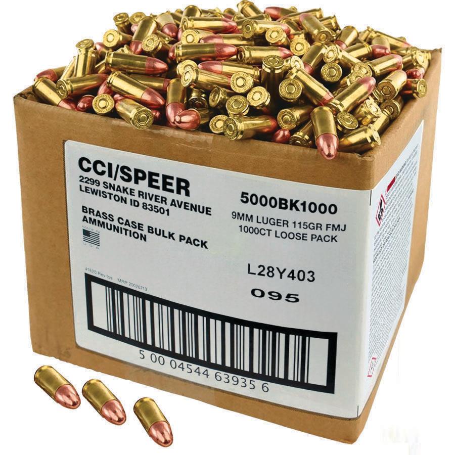 CCI Blazer Brass Handgun Ammunition 9mm Luger 115 gr FMJ 1145 fps 1000/ct Loose Pack