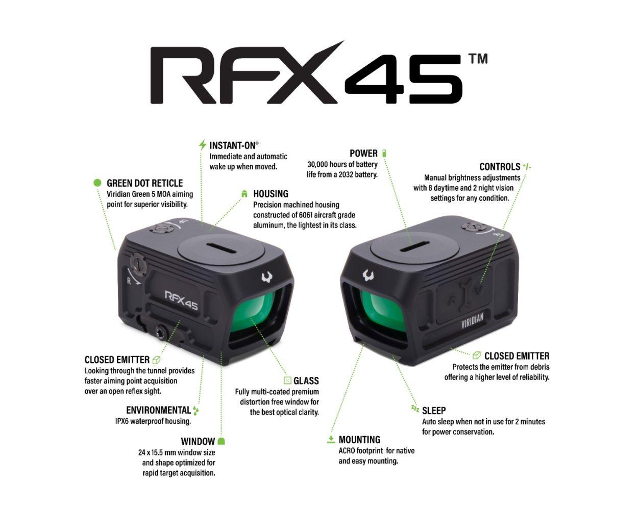 Viridian RFX45 Closed Emitter Green Dot Reflex Sight - ACRO Compatible INSTANT-On / Glock MOS Adapter