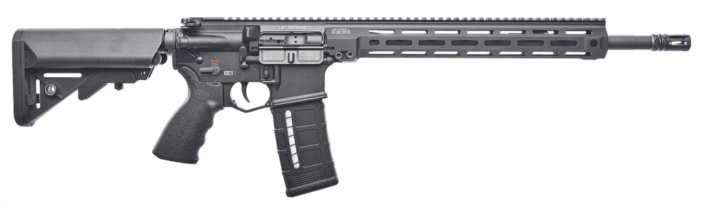 A side view of an AR-15 rifle featuring a monolithic rail platform, adjustable stock, and a magazine, showcasing its tactical design for performance and reliability.