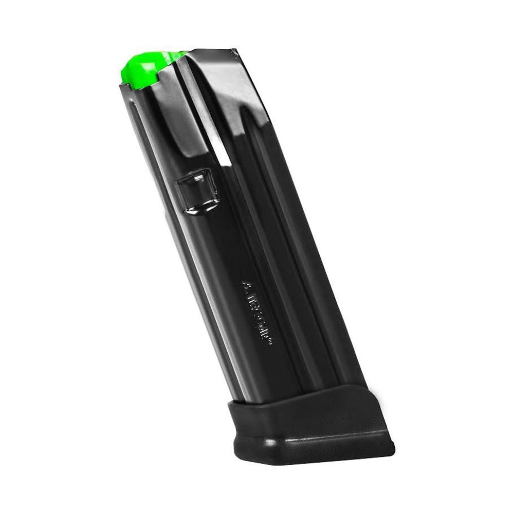 A black firearm magazine with a green follower, designed for various handgun models, showcasing its smooth lines and durable construction.