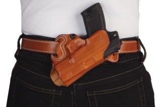 DESANTIS SMALL OF BACK HOLSTER - RH OWB LEATHER COLT 1911 TAN